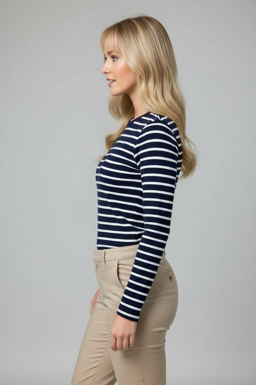 Kayla navy stripes chino profile