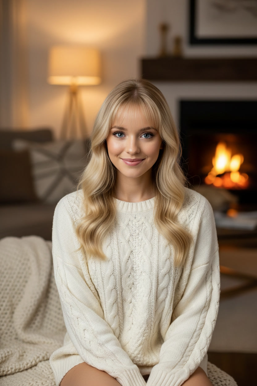 Kayla cream sweater fireplace