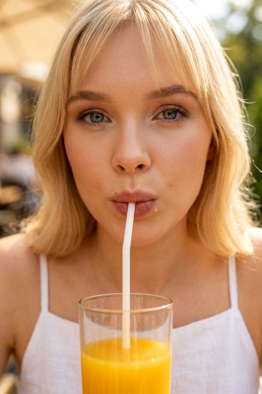 Kayla tomando jugo sorbete
